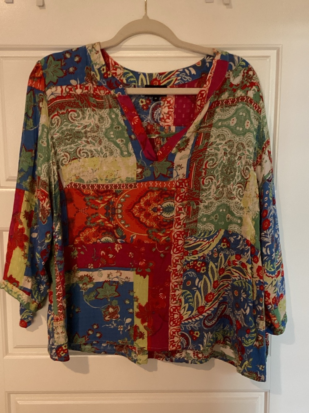 V-Neck Patchwork Print Blouse in Multicolor